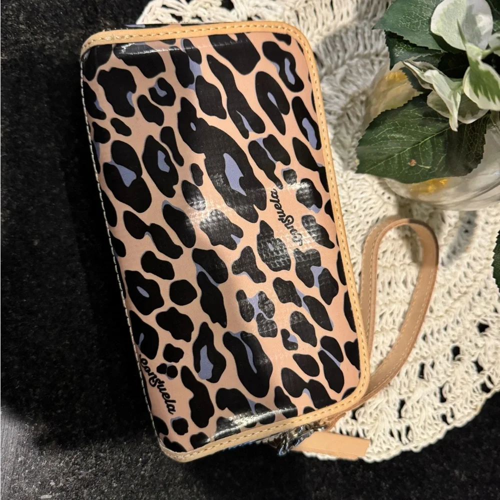Consuela Tan and Black Leopard Patent Zip Wallet